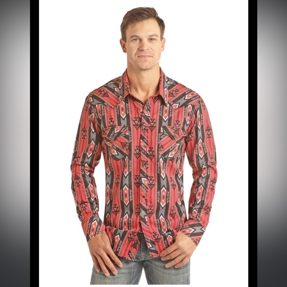 Rock and Roll Cowboy Aztec Print button down Shirt men’s size small